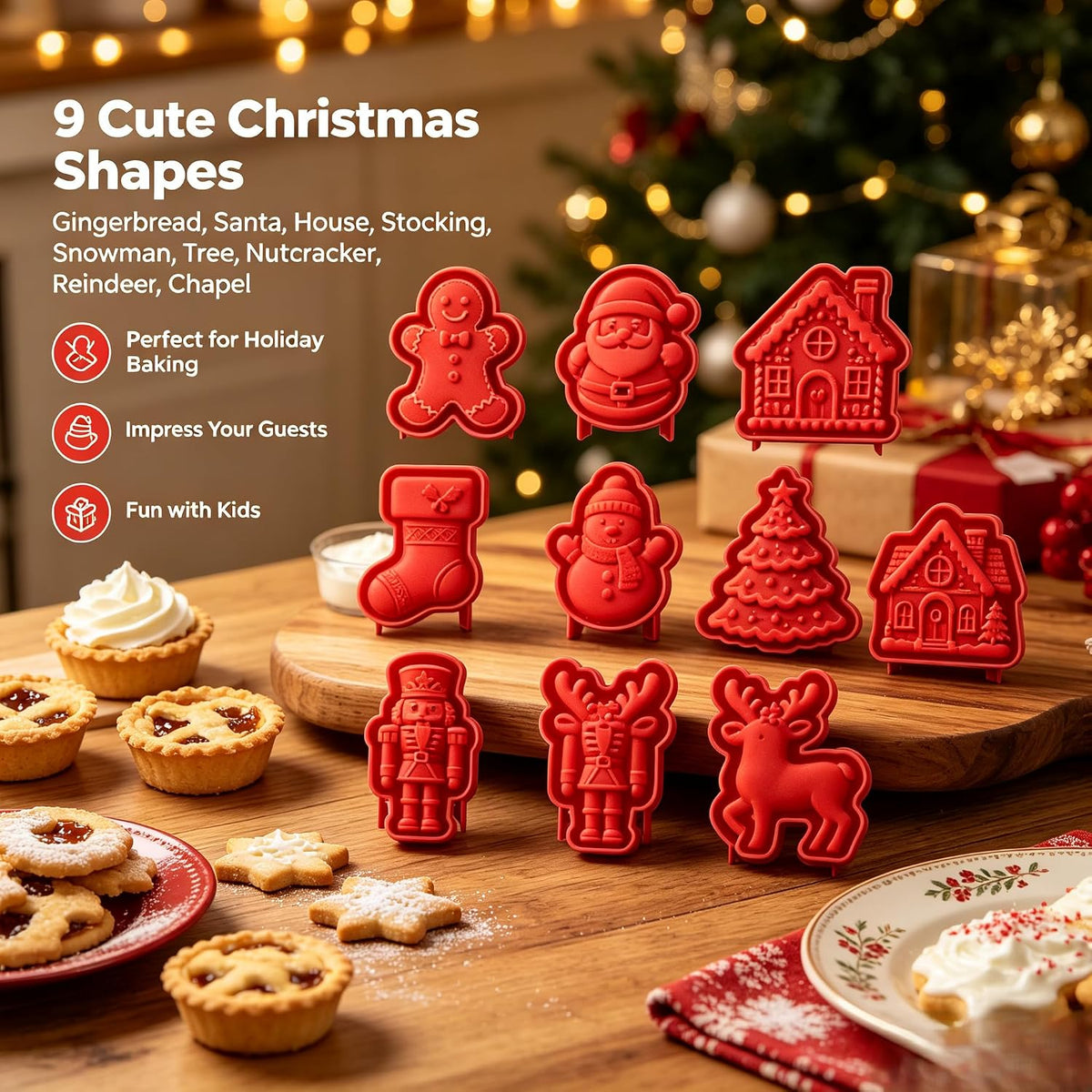 Christmas Mini Pie Molds Set of 9, Gingerbread Man Santa Claus House Stocking Shapes, Hand‑Held Small Pie Moulds for Christmas Baking, Holiday Pastry Dough Press Cutter