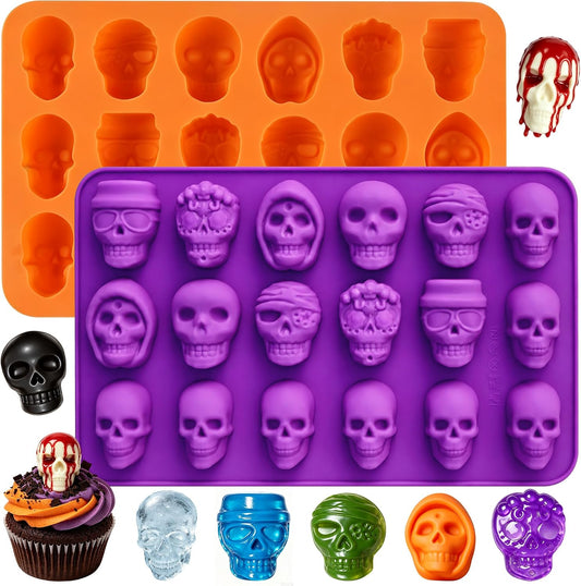 2Pcs 18-Cavity Skull Chocolate Molds for Halloween, 3D Skulls Silicone Baking Mold for Chocolate, Skull Cake Mold for Cake Decoration, Gummy, Ice Cube, Jello, Cupcake Decorate, Party Supplies