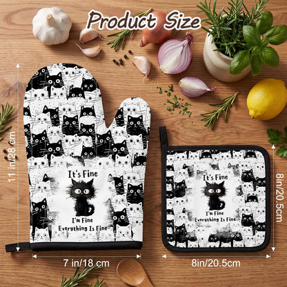 Black Cat Oven Mitts and Pot Holders Sets 3PCS, Cat Silicone Heat Resistant Oven Mitts Birthday Gifts for Cats Lover, Cute Cats Pot Holder Non-Slip Silicone Oven Gloves for Mom Wife Sister BFF