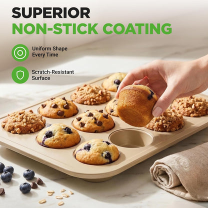 NutriChef Muffin Pans for Baking 2-Pack | Nonstick 12 Mold Cupcake Tins | Carbon Steel Stackable Cup Cake Trays | Dishwasher & Oven Safe | Includes 100 Parchment Paper Liners | 13 x 10 x 1 | Gold