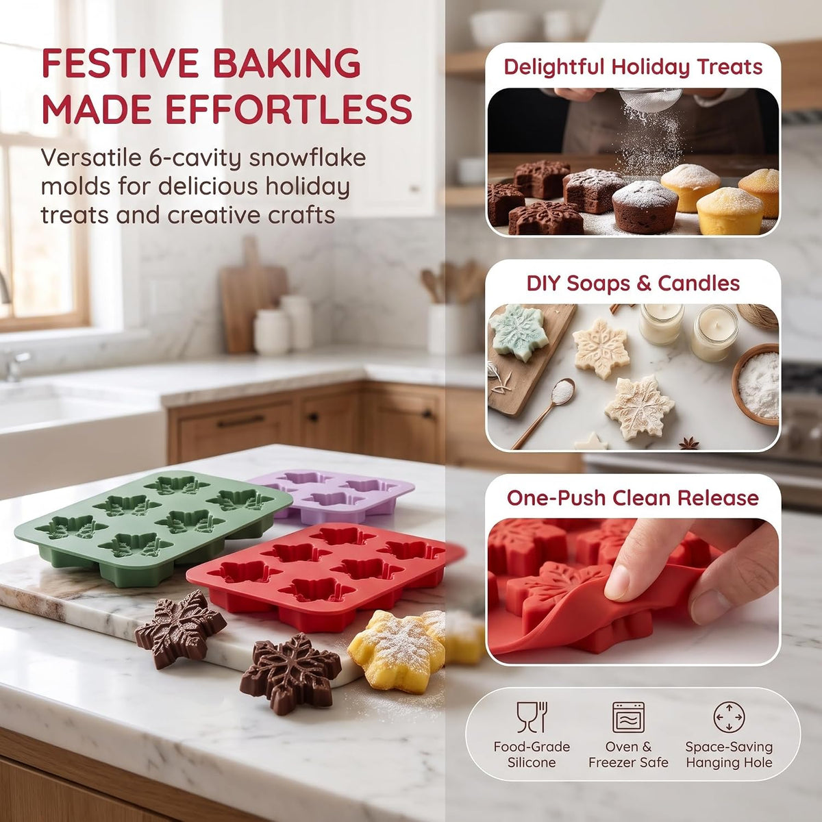 Swweetfamily 3 Pack Snowflake Silicone Molds for Chocolate,Pudding,Jelly