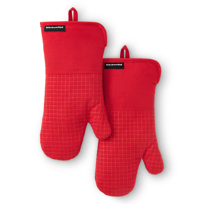KITCHENAID Gourmet Series Gridlines Oven Mitts 2-Pack Set, Heat Resistant up to 600°F, Soft Silicone Grip, Magnetic Cuff, Ink Blue, 7"x14"