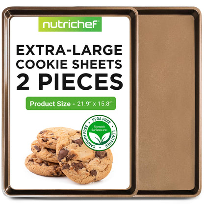 NutriChef 2-Piece XL Mega Cookie Sheet Baking Pans Set - 22" x 16" Extra Large Nonstick Carbon Steel Oven Baking Tray Pans, Stackable Bakeware, Black - NCLGBP16