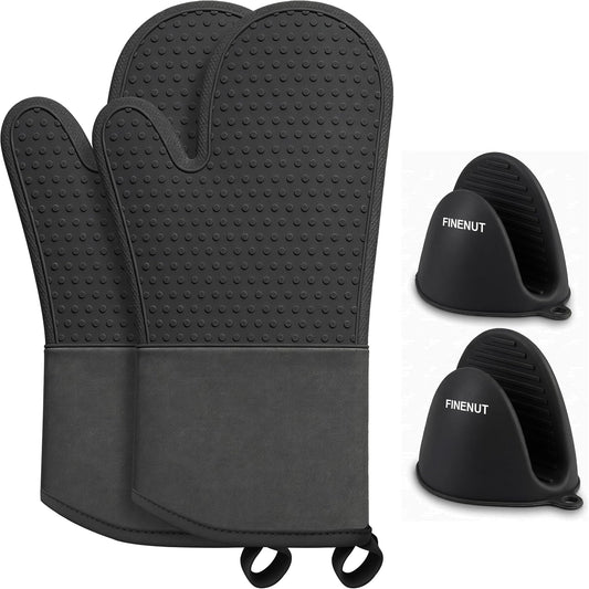 AMISARE 13.39" Silicone Oven Mitts & Mini Mitts, 4-Pcs BBQ Baking Gloves (Black 4-pcs)