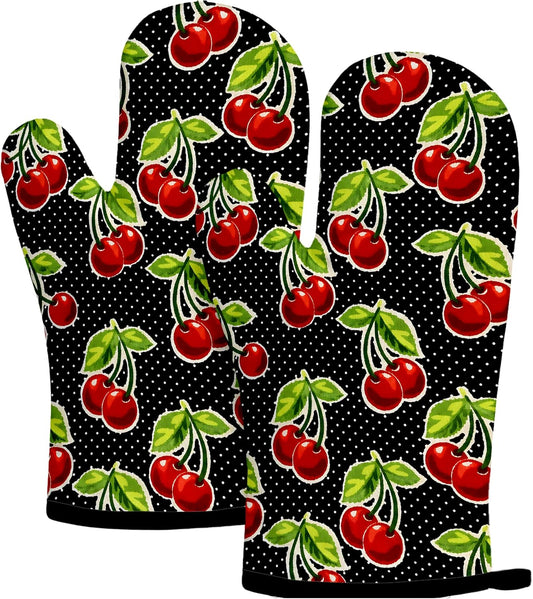 Retro Cherry Oven Mitts, Red Cherries and Polka Dots, Set of 2