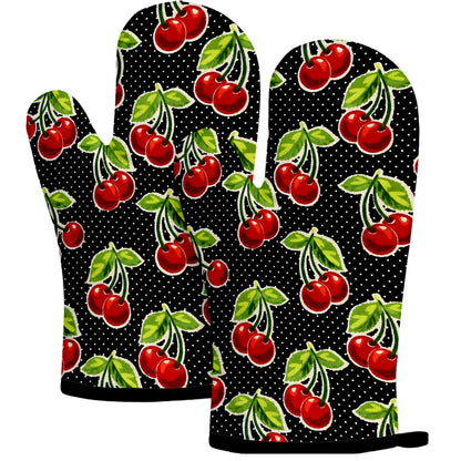 Retro Cherry Oven Mitts, Red Cherries and Polka Dots, Set of 2