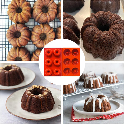 3Pcs Mini Fluted Tube Cake Pan, 6-Cavity Fluted Tube Cake Pan Silicone Molds for Baking Cupcake, Cornbread, Brownie, Donuts, Jello Red(B)