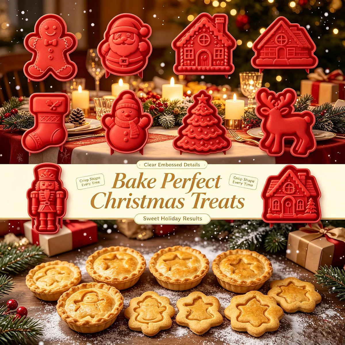 Christmas Mini Pie Molds Set of 9, Gingerbread Man Santa Claus House Stocking Shapes, Hand‑Held Small Pie Moulds for Christmas Baking, Holiday Pastry Dough Press Cutter