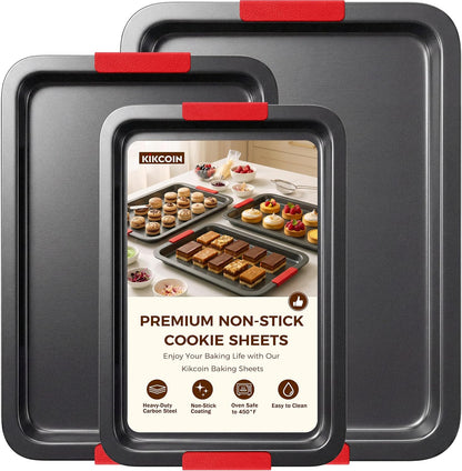 Kikcoin Nonstick Cookie Sheets for Baking, Set of 3, Carbon Steel, Gray
