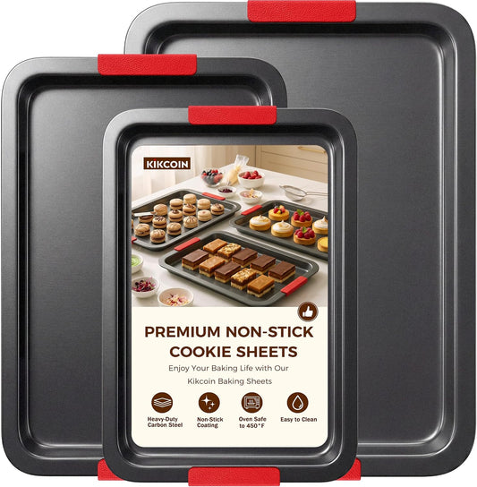 Kikcoin Nonstick Cookie Sheets for Baking, Set of 3, Carbon Steel, Gray