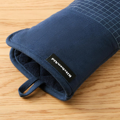 KITCHENAID Gourmet Series Gridlines Oven Mitts 2-Pack Set, Heat Resistant up to 600°F, Soft Silicone Grip, Magnetic Cuff, Ink Blue, 7"x14"
