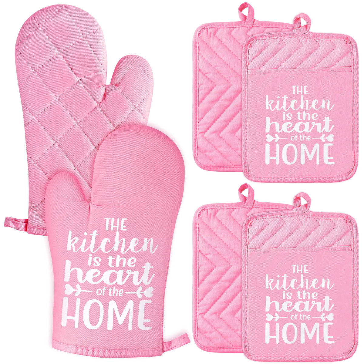 6Pcs Funny Oven Mitts Pot Holders The Kitchen is The Heart of The Home Heat Resistant Hot Pad Machine Washable Gloves with Hanging Loop Pocket Hot Pad for Baking Cooking Pink