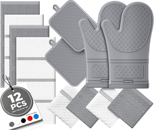 Silicone Oven Mitts and Pot Holders Sets, Baking Kitchen Gloves/Hot Pads 500°F Heat Resistant with Non-Slip Silicone Grip Surface, Includes 2 Cooking Mitts/2 Potholders/4 Kitchen Towels/4 Dishcloths