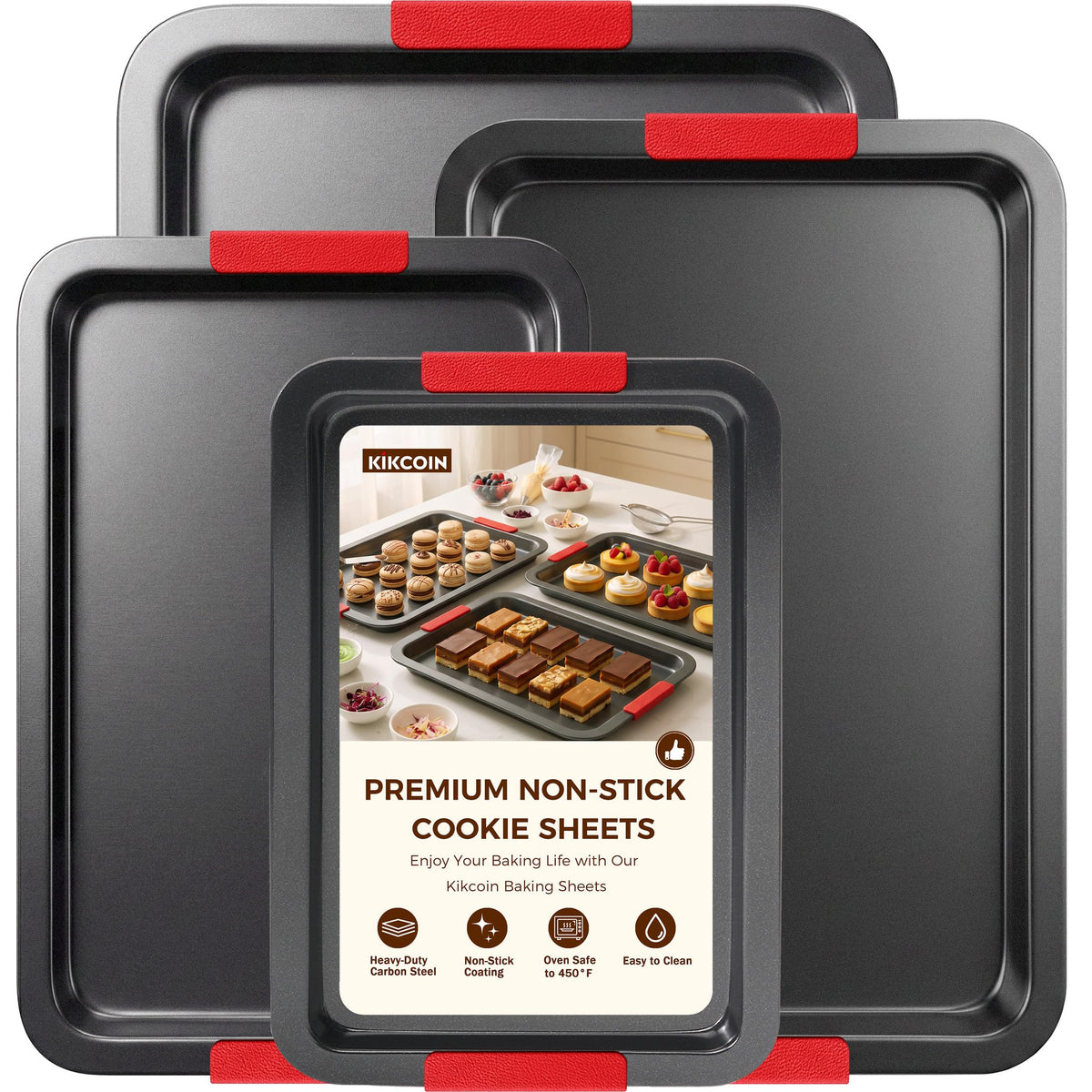 Kikcoin Nonstick Cookie Sheets for Baking, Set of 3, Carbon Steel, Gray