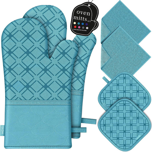 Oven Mitts and Pot Holders Set with Dishcloths, 500 Degree Heat Resistant Oven Gloves and Hot Pads, Premium Soft Cotton Kitchen Mittens and Dish Cloth Sets-Lake Blue