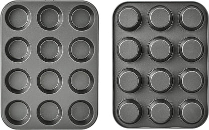 Amazon Basics Nonstick Muffin Pan, Set of 2, Sturdy, Oven Safe, Bakes Evenly, Easy to Clean, 12 Cups, Gray, 13.9x10.55x1.22"