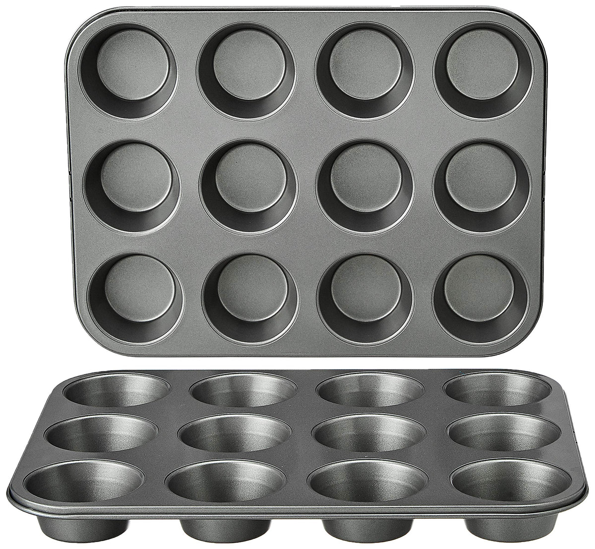 Amazon Basics Nonstick Muffin Pan, Set of 2, Sturdy, Oven Safe, Bakes Evenly, Easy to Clean, 12 Cups, Gray, 13.9x10.55x1.22"