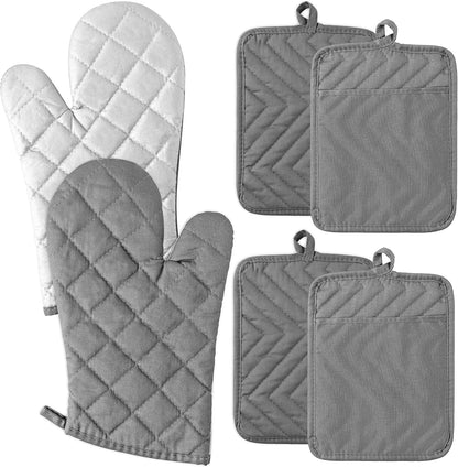 6Pcs Cotton Oven Mitts and Pot Holders Set Durable Hot Pads Machine Washable BBQ Gloves Heat Resistant Pocket Pot Holder with Hanging Loop for Safe Kitchen Baking Cooking Grilling Grey