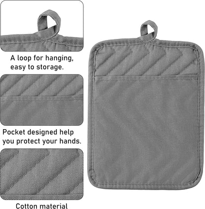 6Pcs Cotton Oven Mitts and Pot Holders Set Durable Hot Pads Machine Washable BBQ Gloves Heat Resistant Pocket Pot Holder with Hanging Loop for Safe Kitchen Baking Cooking Grilling Grey